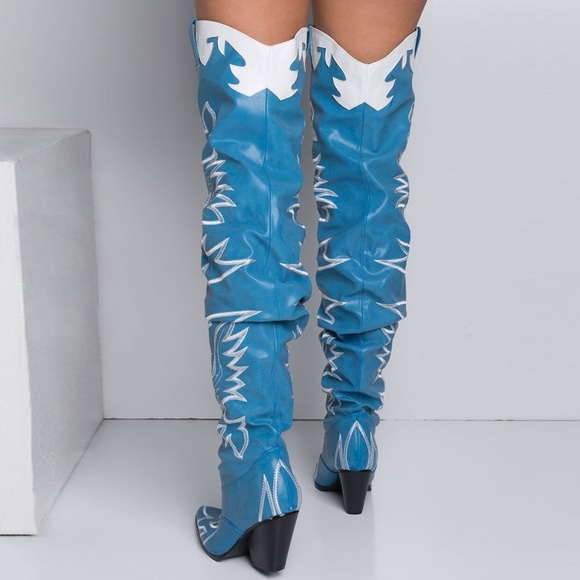 NEW🔥 Denim Blue Slouchy Embroidered Over The Knee Cowboy Cowgirl Western Boots - Picture 4 of 6